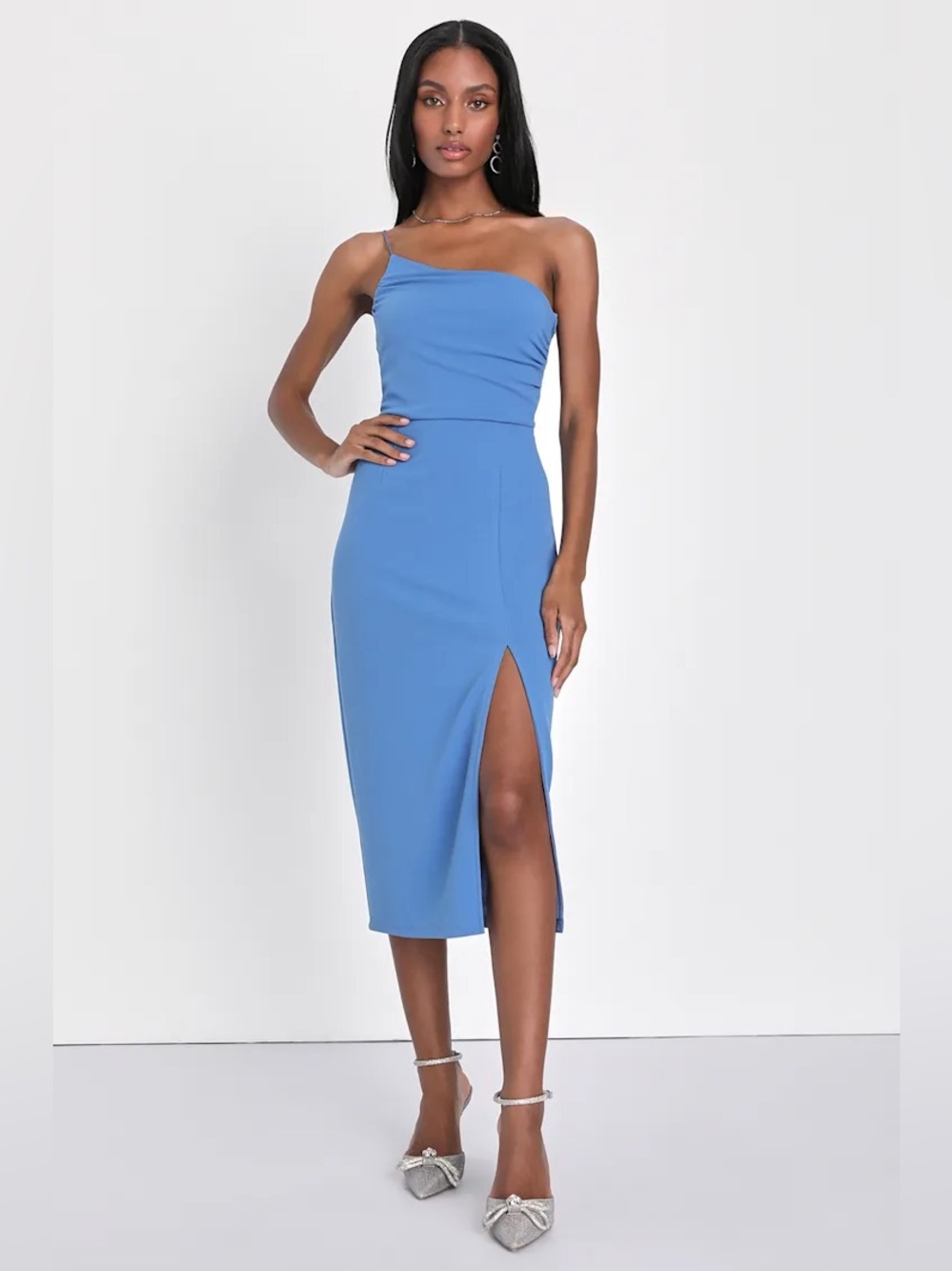 Lulus Elegant Allure Slate Blue One Shoulder Midi Dress